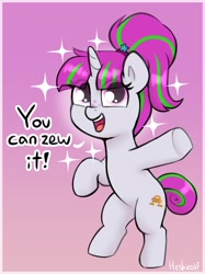 Size: 1688x2252 | Tagged: safe, artist:heretichesh, oc, oc only, oc:zippi, pony, unicorn, bipedal, dialogue, eye clipping through hair, female, filly, foal, freckles, gradient background, open mouth, open smile, signature, smiling, solo, sparkles, standing, standing on one leg, talking to viewer, underhoof