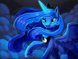 Size: 3000x2250 | Tagged: safe, alternate version, artist:shira-hedgie, princess luna, alicorn, pony, g4, 2015, cloud, cloudy, female, flowing mane, glowing, glowing horn, high res, horn, magic, mare, night, old art, raised hoof, solo
