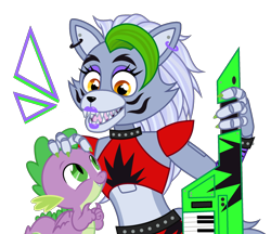 Size: 2300x1987 | Tagged: safe, artist:cherry_tree, artist:php170, editor:ponygamer2020, spike, dragon, wolf, g4, animatronic, base used, choker, crossover, cute, duo, duo male and female, ear piercing, earring, female, five nights at freddy's, five nights at freddy's: security breach, high res, jewelry, keytar, male, markings, musical instrument, open mouth, petting, piercing, roxanne wolf, simple background, spikabetes, spiked choker, spiked wristband, spikelove, transparent background, vector, vector used, winged spike, wings, wristband