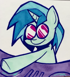 Size: 325x358 | Tagged: safe, artist:lu&ss, dj pon-3, vinyl scratch, pony, unicorn, g4, female, friday night funkin', funkin' is magic, glasses, horn, mare, marker drawing, smiling, solo, traditional art, turntable, vinyl's glasses, youtube link