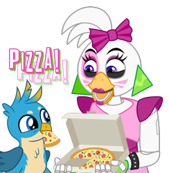 Size: 2000x2050 | Tagged: safe, artist:cherry_tree, artist:php170, editor:ponygamer2020, gallus, bird, chicken, griffon, robot, g4, animatronic, base used, bigender, bigender pride flag, bisexual pride flag, bow, chica, crossover, cute, duo, duo male and female, ear piercing, earring, eating, face paint, female, five nights at freddy's, five nights at freddy's: security breach, food, gallabetes, gallus the rooster, glamrock chica, hair bow, high res, jewelry, male, nom, open mouth, piercing, pizza, pizza box, pride, pride flag, rooster, simple background, spiked wristband, transparent background, vector, vector used, wings, wristband