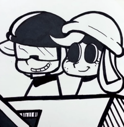 Size: 340x348 | Tagged: safe, artist:lu&ss, applejack, earth pony, pony, how applejack won the war, g4, black and white, duo, female, freckles, friday night funkin', funkin' is magic, grayscale, helmet, male, mare, marker drawing, monochrome, newgrounds, smiling, soldier, stallion, tank (vehicle), tankmen, traditional art, youtube link