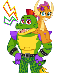 Size: 2200x2700 | Tagged: safe, artist:cherry_tree, artist:php170, editor:ponygamer2020, smolder, alligator, dragon, g4, animatronic, badass, base used, belt, cute, dragoness, duo, duo male and female, female, five nights at freddy's, five nights at freddy's: security breach, glasses, high res, horn, looking at you, male, montgomery gator, open mouth, simple background, smiling, smiling at you, smolderbetes, spiked wristband, transparent background, vector, vector used, wristband