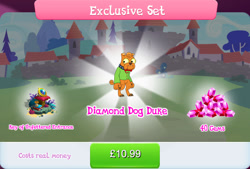 Size: 1268x858 | Tagged: safe, gameloft, idw, oscar smartpaw, diamond dog, g4, my little pony: magic princess, book, bow, bundle, bush, choker, collar, costs real money, dog collar, duke, english, exclusive set, gem, hourglass, idw showified, key, key of unfettered entrance, male, numbers, orange fur, pillow, sale, solo, text, yellow eyes