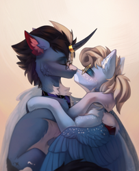 Size: 2400x2950 | Tagged: safe, artist:miurimau, oc, oc only, pegasus, pony, unicorn, duo, eyes closed, glasses, high res, horn, horn ring, kissing, ring