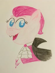 Size: 3024x4032 | Tagged: safe, artist:jesslmc16, pinkie pie, earth pony, pony, undead, vampire, vampony, g4, bust, clothes, colored, colored pencil drawing, costume, dracula, fangs, halloween, halloween costume, holiday, looking at you, october, portrait, smiling, smiling at you, solo, traditional art