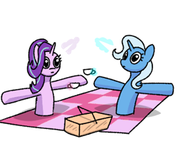 Size: 370x320 | Tagged: safe, artist:theuser, starlight glimmer, trixie, pony, unicorn, g4, basket, clipping, cup, duo, picnic basket, picnic blanket, simple background, t pose, teacup, white background