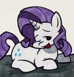 Size: 322x336 | Tagged: safe, artist:lu&ss, rarity, pony, unicorn, g4, bed, female, friday night funkin', funkin' is magic, horn, lying down, mare, marker drawing, one eye closed, prone, smiling, solo, traditional art, wink, youtube link