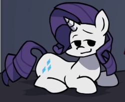 Size: 310x253 | Tagged: safe, artist:rainbrony, edit, rarity, pony, unicorn, g4, bed, bedroom, bedroom eyes, cropped, female, friday night funkin', funkin' is magic, horn, kush, lying down, mare, prone, smiling, solo, youtube link
