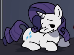 Size: 319x237 | Tagged: safe, artist:rainbrony, edit, rarity, pony, unicorn, g4, bed, bedroom, bedroom eyes, cropped, female, friday night funkin', funkin' is magic, horn, kush, lying down, mare, one eye closed, prone, smiling, solo, wink, youtube link
