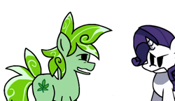 Size: 662x380 | Tagged: safe, artist:rainbrony, rarity, oc, oc:stoney poney, earth pony, pony, unicorn, g4, angry, drugs, female, high, horn, male, mare, marijuana, simple background, smiling, stallion, stoned, white background, youtube link