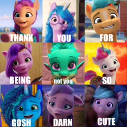 Size: 1799x1799 | Tagged: safe, edit, edited screencap, screencap, dahlia, hitch trailblazer, izzy moonbow, misty brightdawn, pipp petals, queen haven, sparky sparkeroni, sunny starscout, zipp storm, earth pony, pegasus, pony, unicorn, g5, growing pains, have you seen this dragon?, my little pony: a new generation, my little pony: make your mark, my little pony: make your mark chapter 2, the cutie mark mix-up, spoiler:my little pony: a new generation, spoiler:my little pony: make your mark chapter 2, spoiler:mymc02e02, spoiler:mymc02e05, spoiler:mymc02e08, caption, cute, female, fit right in (g5), glasses, happy, heart, hoof heart, looking at you, mane five, mare, meme, mistybetes, not you, op is a duck, op is trying to start shit, smiling, text, thank you, underhoof, upside-down hoof heart