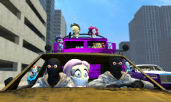 Size: 5120x3072 | Tagged: safe, artist:n3onh100, applejack, fluttershy, pinkie pie, rainbow dash, rarity, sci-twi, sunset shimmer, twilight sparkle, human, equestria girls, g4, 3d, bondage, car, cloth gag, gag, gmod, humane five, humane seven, humane six, kidnapped, motorcycle, rolls-royce, terrorist, tied up, truck, weapon