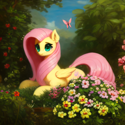 Size: 2048x2048 | Tagged: safe, ai assisted, ai content, artist:zealousmagician, generator:purplesmart.ai, generator:stable diffusion, fluttershy, butterfly, pegasus, pony, g4, cute, flower, garden, high res, lying down, outdoors, prone, shyabetes, smiling, solo
