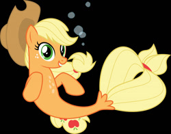 Size: 1280x1001 | Tagged: safe, artist:orin331, applejack, earth pony, pony, seapony (g4), g4, black background, bubble, commission, cute, dorsal fin, female, fish tail, flowing mane, flowing tail, freckles, green eyes, hat, mare, seaponified, seapony applejack, simple background, smiling, solo, species swap, swimming, tail, teeth, underwater, water, yellow mane