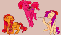 Size: 660x380 | Tagged: safe, artist:sid spit, fluttershy, pinkie pie, rarity, earth pony, pegasus, pony, g4, blunt, bong, box, drugs, earth pony rarity, eyes closed, female, floppy ears, hat, high, jumping, mare, marijuana, race swap, sitting, smiling, smoking, speedpaint available, stoned, trio, wings, youtube link