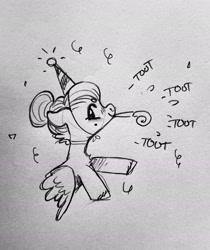 Size: 2098x2501 | Tagged: safe, artist:opalacorn, oc, oc:void, pegasus, pony, cute, female, grayscale, hat, high res, mare, monochrome, mouth hold, onomatopoeia, party hat, party horn, pencil drawing, solo, traditional art