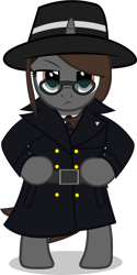 Size: 3116x6237 | Tagged: safe, artist:mrvector, oc, oc:sonata, pony, unicorn, elements of justice, turnabout storm, belt, bipedal, clothes, female, glasses, hat, mare, simple background, solo, transparent background, trenchcoat, vector