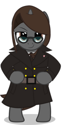 Size: 3116x6237 | Tagged: safe, alternate version, artist:mrvector, oc, oc:sonata, pony, unicorn, elements of justice, turnabout storm, belt, bipedal, clothes, female, glasses, mare, simple background, smiling, smug, solo, transparent background, trenchcoat, vector