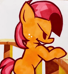 Size: 322x353 | Tagged: safe, artist:lu&ss, babs seed, earth pony, pony, g4, one bad apple, season 3, bipedal, clubhouse, crusaders clubhouse, female, filly, foal, freckles, friday night funkin', funkin' is magic, marker drawing, scene interpretation, smiling, solo, traditional art, youtube link