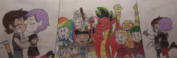 Size: 900x300 | Tagged: safe, artist:jebens1, rainbow dash, spike, dog, dragon, human, humanoid, turtle, equestria girls, g4, spoiler:the owl house, african american, american dragon jake long, amity blight, black hair, canon ship, cheering, comic, curly hair, dark skin, donatello, dyed hair, edalyn clawthorne, emira blight, female, jake long, kissing, lesbian, lesbian in front of boys, light skin, lumity, luz noceda (the owl house), making out, male, michelangelo, non-mlp shipping, shipping, siblings, sisters, spike the dog, spoilers for another series, teenage mutant ninja turtles, the owl house, thumbs up, traditional art, trixie carter, witch