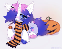 Size: 1280x1018 | Tagged: safe, artist:astralblues, oc, oc only, pony, unicorn, clothes, ear fluff, female, halloween, holiday, jack-o-lantern, lying down, mare, prone, pumpkin, scarf, solo, striped scarf, thermometer