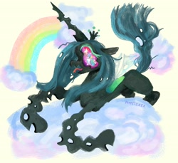 Size: 3500x3200 | Tagged: safe, artist:puppetizer, queen chrysalis, changeling, changeling queen, g4, cloud, female, forked tongue, high res, rainbow, solo, squiggly, wingding eyes