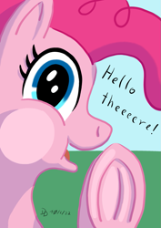 Size: 849x1200 | Tagged: safe, artist:darkdabula, pinkie pie, earth pony, pony, g4, against glass, breaking the fourth wall, cheek squish, frog (hoof), glass, looking at you, solo, squishy cheeks, underhoof