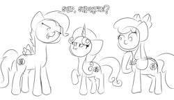 Size: 1735x1000 | Tagged: safe, artist:girlduog, apple bloom, scootaloo, sweetie belle, earth pony, pegasus, pony, unicorn, g4, angry, apple bloom's bow, bow, clothes, curious, cutie mark crusaders, female, goldie delicious' shawl, hair bow, height difference, lidded eyes, older, older apple bloom, older cmc, older scootaloo, older sweetie belle, open mouth, puffy cheeks, raised hoof, shawl, short, smiling, smol, spread wings, sweetie belle is not amused, teasing, the cmc's cutie marks, trio, trio female, unamused, wings