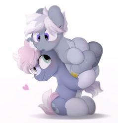 Size: 2592x2724 | Tagged: safe, artist:mochi_nation, oc, oc only, oc:silver bolt, oc:water socks, earth pony, pony, blushing, coat markings, eye clipping through hair, female, heart, high res, holding a pony, male, mare, oc x oc, shipping, simple background, smiling, socks (coat markings), stallion, straight, white background