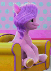 Size: 476x660 | Tagged: safe, screencap, pipp petals, pegasus, pony, g5, my little pony: make your mark, my little pony: make your mark chapter 2, portrait of a princess, spoiler:my little pony: make your mark, spoiler:my little pony: make your mark chapter 2, spoiler:mymc02e03, adorapipp, animated, blinking, couch, cute, female, floppy ears, i watch it for the ears, loop, mare, perfect loop, sitting, smiling, solo