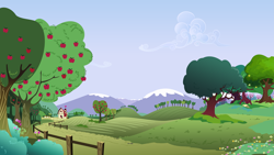 Size: 5333x3000 | Tagged: safe, artist:timeimpact, a canterlot wedding, g4, apple, apple tree, background, building, fence, hill, meadow, mountain, no pony, scenery, tree
