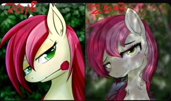 Size: 513x302 | Tagged: safe, artist:dashy21, roseluck, earth pony, pony, g4, bust, flower in mouth, lidded eyes, looking at you, neck fluff, rose, rose in mouth, smiling, smiling at you, solo