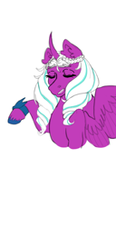 Size: 344x674 | Tagged: safe, artist:luna_mcboss, opaline arcana, alicorn, pony, g5, my little pony: make your mark, spoiler:g5, spoiler:my little pony: make your mark, bracelet, braid, bust, curved horn, ear fluff, eyes closed, feathered wings, horn, jewelry, pink coat, simple background, solo, unshorn fetlocks, white background, white mane, wings