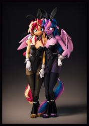 Size: 4000x5656 | Tagged: safe, artist:imafutureguitarhero, sci-twi, sunset shimmer, twilight sparkle, alicorn, classical unicorn, unicorn, anthro, unguligrade anthro, g4, 3d, :s, adorasexy, arm fluff, arm freckles, blushing, boots, border, bunny ears, bunny suit, bunny tail, cheek fluff, chest freckles, chin fluff, chromatic aberration, clothes, cloven hooves, colored eyebrows, colored eyelashes, costume, crossed legs, cuffs (clothes), cute, dialogue in the description, duo, duo female, ear fluff, ear freckles, embarrassed, female, film grain, floppy ears, fluffy, fluffy mane, fluffy tail, freckles, fur, glitter, gloves, grin, hand on hip, hand on shoulder, hoof boots, horn, leg freckles, leonine tail, lesbian, long hair, long mane, looking at someone, looking down, mare, matching outfits, multicolored hair, multicolored mane, multicolored tail, nervous, nose wrinkle, one ear down, one eye closed, outfit, paintover, peppered bacon, playboy bunny, revamped anthros, revamped ponies, sci-twilicorn, scrunchy face, see-through, sexy, shadow, shimmerbetes, ship:sci-twishimmer, ship:sunsetsparkle, shipping, shoes, shoulder fluff, shoulder freckles, signature, sleeveless, smiling, source filmmaker, stockings, tail, tail fluff, thigh highs, twiabetes, twilight sparkle (alicorn), unshorn fetlocks, varying degrees of amusement, wall of tags, wavy mouth, wings, wink