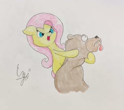 Size: 1667x1489 | Tagged: safe, artist:engi, fluttershy, harry, bear, pegasus, pony, g4, lesson zero, aggressive, angry eyes, duo, female, open mouth, simple background, tongue out, traditional art, watercolor painting