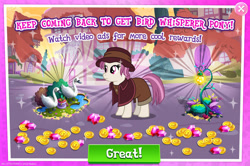 Size: 1957x1297 | Tagged: safe, gameloft, heartfelt song, bird, earth pony, pony, swan, g4, my little pony: magic princess, advertisement, background pony, bush, coin, english, female, firefly lamp, flower, gem, hat, lantern, mare, movie reference, numbers, pigeon lady, pillow, pink mane, pink tail, solo, tail, text, water, white coat, white fur