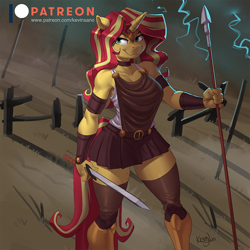 Size: 900x900 | Tagged: safe, artist:kevinsano, sunset shimmer, unicorn, anthro, g4, armor, breasts, busty sunset shimmer, clothes, female, goddess, looking at you, mare, patreon, patreon logo, skirt, smiling, smiling at you, smirk, solo, spear, sword, unconvincing armor, weapon