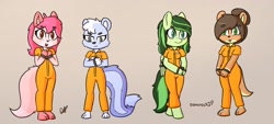 Size: 4000x1800 | Tagged: safe, artist:dominickjp1, oc, oc only, oc:eden shallowleaf, fox, otter, pegasus, skunk, anthro, clothes, cuffed, cuffs, furry, jumpsuit, non-mlp oc, pegasus oc, prison outfit, prisoner