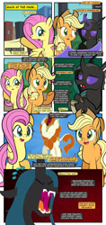 Size: 1920x4080 | Tagged: safe, artist:alexdti, applejack, autumn blaze, fluttershy, queen chrysalis, oc, oc:cicada, changeling, changeling queen, earth pony, kirin, pegasus, pony, comic:misery loves company, g4, blushing, changeling oc, comic, curved horn, dialogue, fangs, female, glowing, glowing horn, grin, high res, horn, lidded eyes, lineless, looking back, magic, mare, open mouth, open smile, outdoors, purple changeling, raised eyebrow, raised hoof, smiling, speech bubble, telekinesis, underhoof, wings