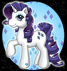 Size: 1029x1099 | Tagged: safe, artist:drinkyourvegetable, rarity, pony, unicorn, g3, g4, cute, cutie mark background, eyeshadow, female, g4 to g3, generation leap, hoof heart, makeup, mare, raribetes, smiling, solo