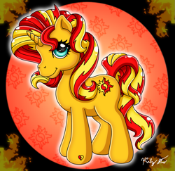 Size: 1125x1095 | Tagged: safe, artist:drinkyourvegetable, sunset shimmer, pony, unicorn, g3, g4, catasterism, cute, cutie mark background, female, fiery shimmer, g4 to g3, generation leap, hoof heart, mare, shimmerbetes, solo, sun, sunshine shimmer