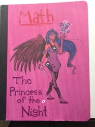 Size: 1936x2592 | Tagged: safe, artist:pikanerd, princess luna, human, g4, epee, female, fencing, humanized, math, notebook, photo, solo, sword, traditional art, weapon, winged humanization, wings