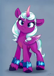 Size: 1500x2098 | Tagged: safe, artist:rutkotka, opaline arcana, alicorn, pony, g5, my little pony: make your mark, my little pony: make your mark chapter 2, spoiler:g5, spoiler:my little pony: make your mark, angry, colored wings, curved horn, cute, female, folded wings, frown, gray background, head tilt, horn, looking at you, madorable, mare, multicolored wings, opalinebetes, simple background, solo, standing, unshorn fetlocks, wings