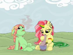 Size: 1557x1167 | Tagged: safe, artist:bananasplitzel, artist:da-waffle, tree hugger, oc, earth pony, pony, unicorn, g4, bong, drugs, duo, ear piercing, female, high, hoof hold, horn, piercing, unicorn oc