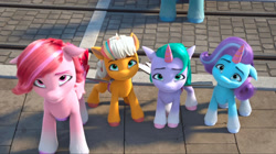 Size: 2388x1342 | Tagged: safe, screencap, glory (g5), peach fizz, seashell (g5), windy, earth pony, pegasus, pony, unicorn, ali-conned, g5, my little pony: make your mark, my little pony: make your mark chapter 2, spoiler:g5, spoiler:my little pony: make your mark chapter 2, spoiler:mymc02e04, fake alicorn, fake horn, fake wings, female, filly, foal, looking up, mare, pippsqueak trio, pippsqueaks, pouting, sad, street, tracks