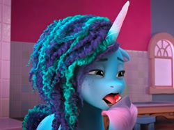 Size: 956x716 | Tagged: safe, screencap, misty brightdawn, pony, unicorn, g5, my little pony: make your mark, my little pony: make your mark chapter 2, the traditional unicorn sleep-over, eating, female, food, mare, popcorn, solo, that pony sure does love popcorn, tongue out