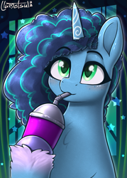 Size: 633x884 | Tagged: safe, artist:llametsul, misty brightdawn, pony, unicorn, ali-conned, g5, my little pony: make your mark, my little pony: make your mark chapter 2, spoiler:my little pony: make your mark chapter 2, spoiler:mymc02e04, drink, female, heart, heart eyes, horn, mare, scene interpretation, signature, smoothie, solo, that pony sure does love smoothies, unshorn fetlocks, wingding eyes