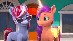 Size: 1280x720 | Tagged: safe, screencap, glory (g5), lily (g5), misty brightdawn, peach fizz, rosedust (g5), seashell (g5), sugar moonlight, sunny starscout, alicorn, earth pony, pony, unicorn, ali-conned, g5, my little pony: make your mark, my little pony: make your mark chapter 2, spoiler:g5, spoiler:my little pony: make your mark chapter 2, spoiler:mymc02e04, animated, beach ball, cellphone, female, filly, filly four, foal, glowing, glowing horn, glowing wings, horn, lipstick, mare, phone, pippsqueak trio, pippsqueaks, race swap, sound, sunglasses, sunnycorn, unhappy, upset, webm, window, wings