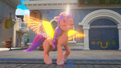 Size: 1280x720 | Tagged: safe, screencap, lily (g5), misty brightdawn, rosedust (g5), sugar moonlight, sunny starscout, alicorn, earth pony, pony, unicorn, ali-conned, g5, my little pony: a new generation, my little pony: make your mark, my little pony: make your mark chapter 2, spoiler:g5, spoiler:my little pony: make your mark chapter 2, spoiler:mymc02e04, animated, bell, cellphone, female, filly four, glowing, glowing horn, glowing wings, hammer, hoof pointing, horn, horseshoes, lipstick, mane stripe sunny, mare, nervous, phone, pointing, race swap, sign, sound, street, sunglasses, sunnycorn, watching, webm, wings
